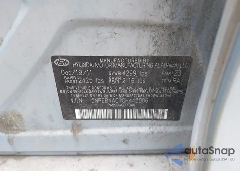 2012 Hyundai Sonata Gls z USA, uszkodzony, nr VIN 5NPEB4AC1CH443006